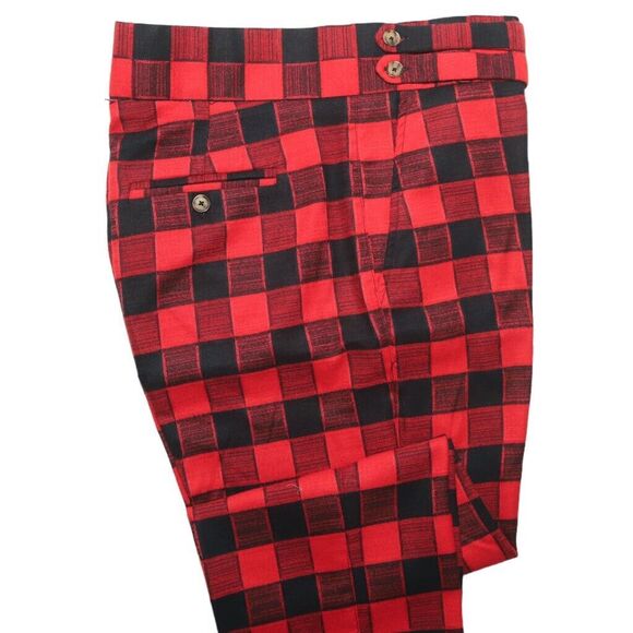 Mens Gurkha Pants Red Black Plaid Check Slim Straight High Waist Flat Front 34 - Picture 6 of 7